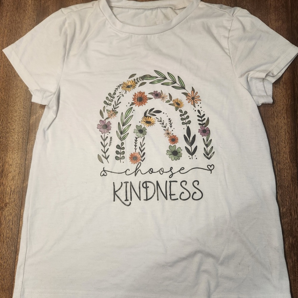 White Graphic Tee Rainbow Floral Choose Kindness Short Sleeve‎ T Shirt small